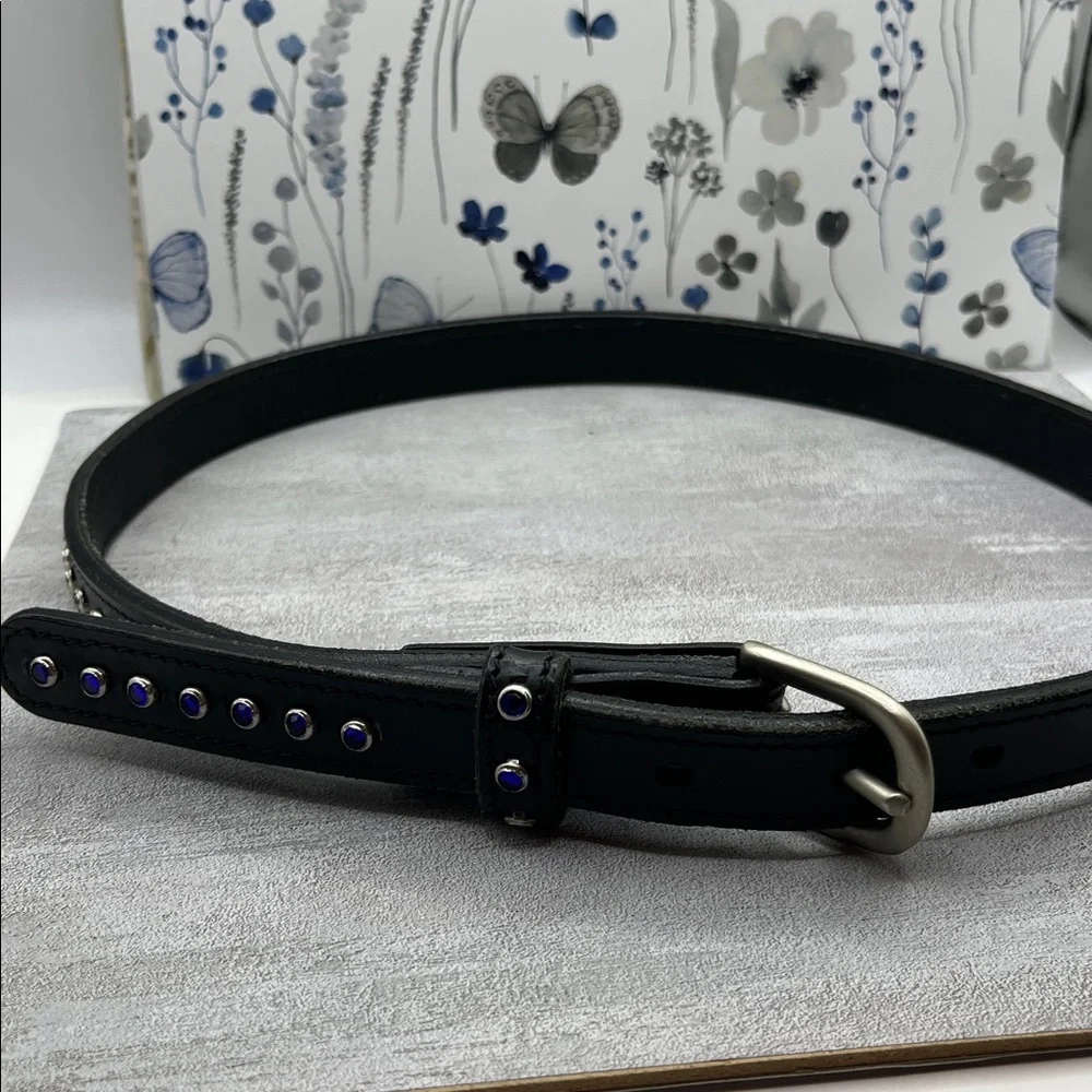 Black Leather Belt with Cobalt  Blue Accents Rhinestone Silver Tone Size 28